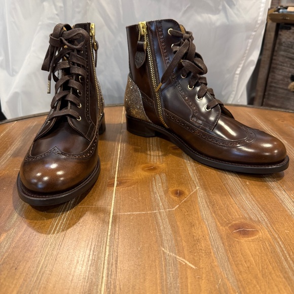 The Office of Angela Scott Brown Leather Gold Shimmer Combat Boots Women's 39